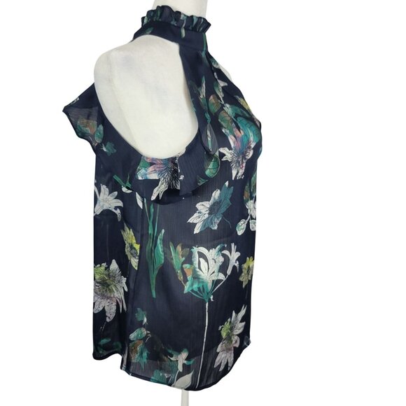Modern Chic Floral Cheer Navy Blue Ruffled Business Casual Blouse Halter Top XS - Picture 8 of 16